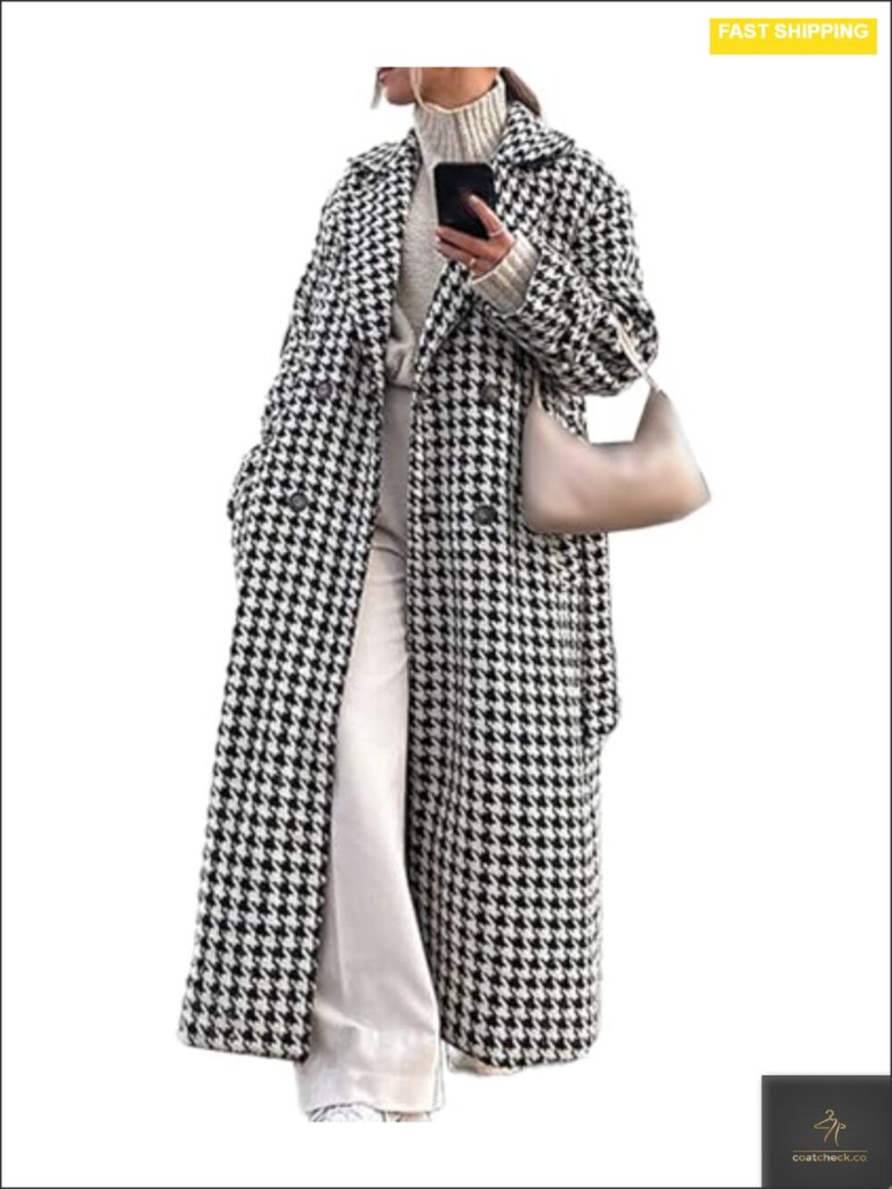 Women's Houndstooth Trench Coat Double Breasted Notch Lapel Long Overcoat Belted